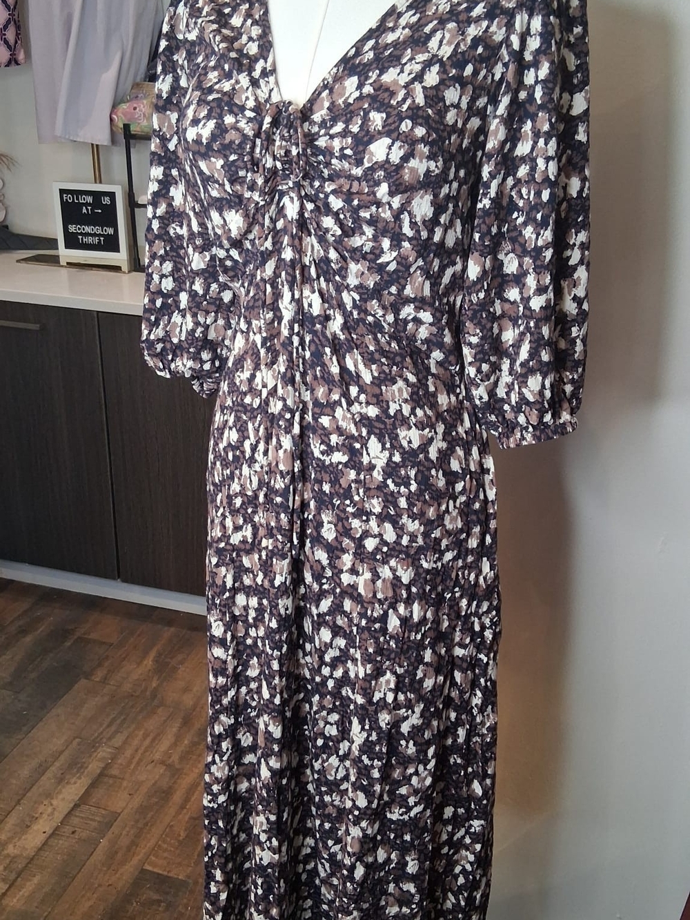 FatFace Libby Black Patterned Midi Dress UK 10 US 6 Boho Dappled Abstract